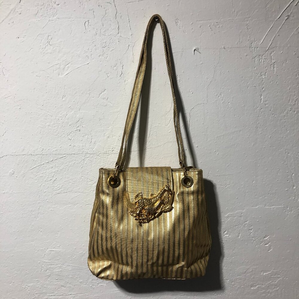 Vintage Gold Purse Metallic Striped Handbag Giraffe brass motif clasp